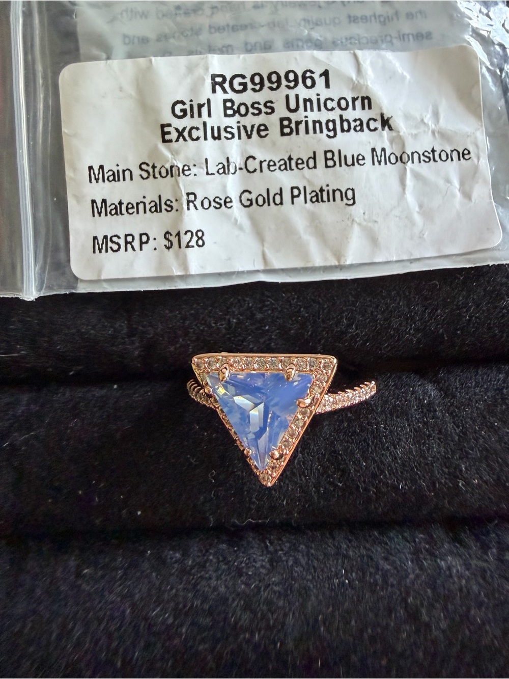 Girl Boss Unicorn Rose Gold Ring with Blue Moonstone Triangle Size 8 🔥🦄